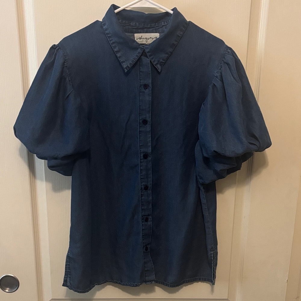 Puff Sleeve Button-Up Dark Chambray Flowy Blouse